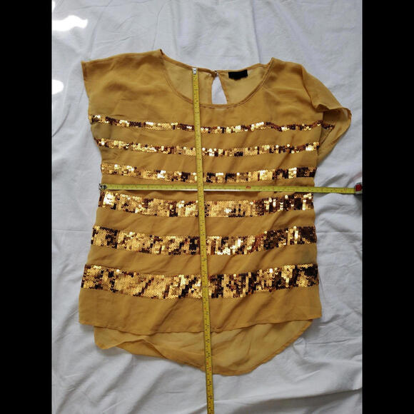 Mine Yellow Ladies Sequin Stripe Blouse Sheer Shortsleeve Button Back Medium - Picture 4 of 4